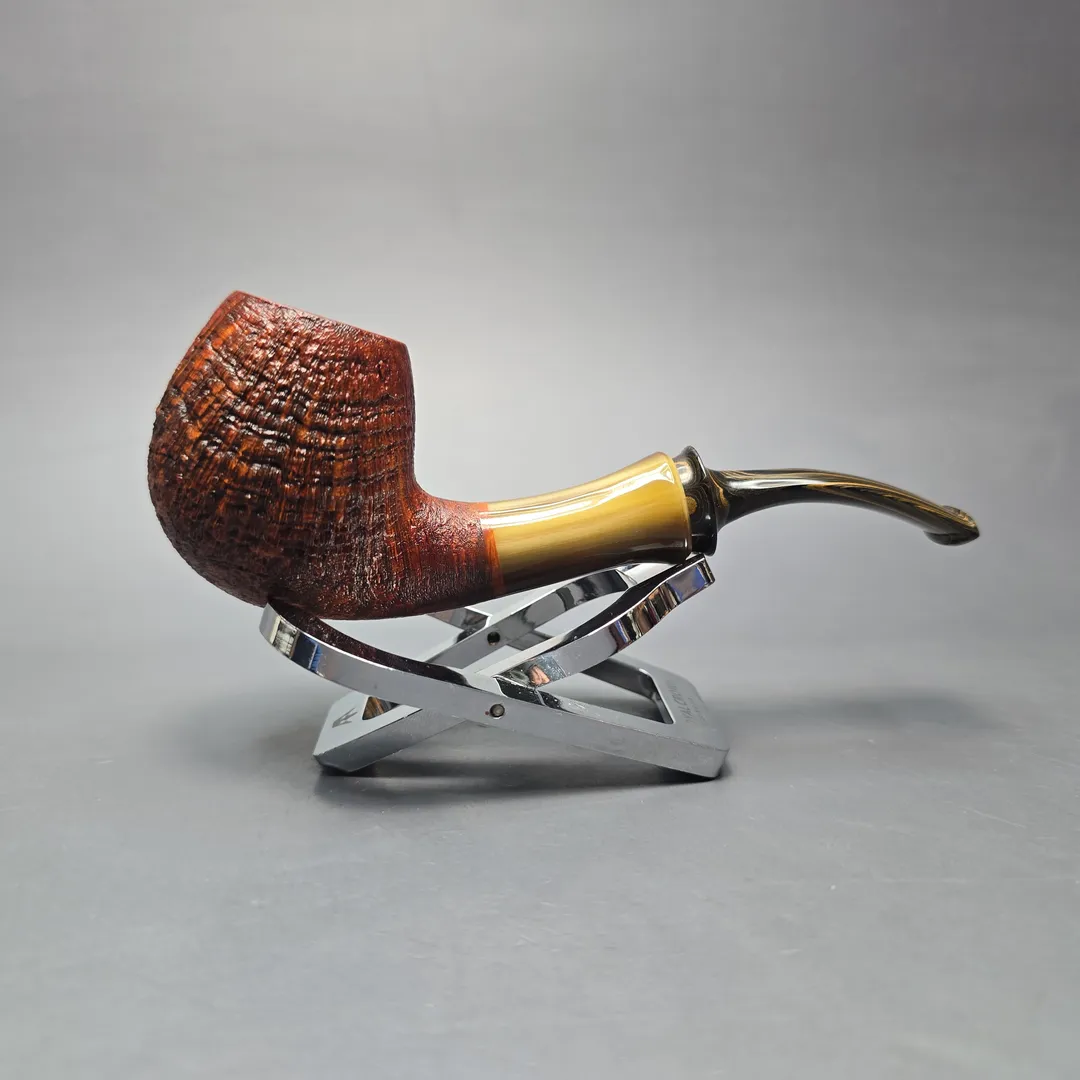 Papa Bear's Pipes by Tim Beaumont Sandblasted Brandy w/ Horn Handmade Briar Pipe, New - Image 2