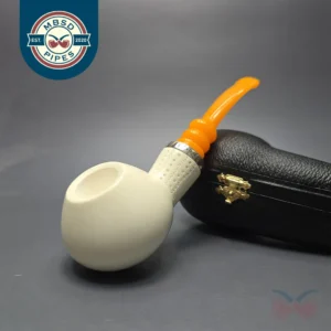 MBSD Meerschaum Silver Smooth Author w/ Lattice Carvings Reverse Calabash Block Meerschaum Pipe, New