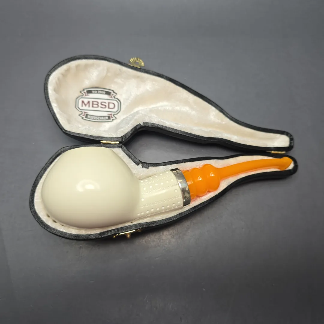 MBSD Meerschaum Silver Smooth Author w/ Lattice Carvings Reverse Calabash Block Meerschaum Pipe, New - Image 2