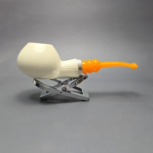 MBSD Meerschaum Silver Smooth Author w/ Lattice Carvings Reverse Calabash Block Meerschaum Pipe, New - Image 3