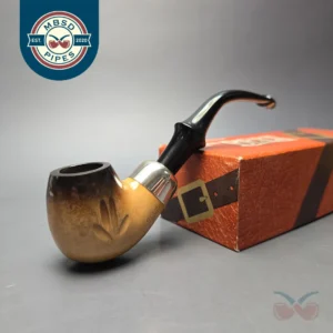 Belt Fumed & Floral Carved African Block Meerschaum Bent Billiard w/ Les Wood Silver Estate Pipe, Unsmoked