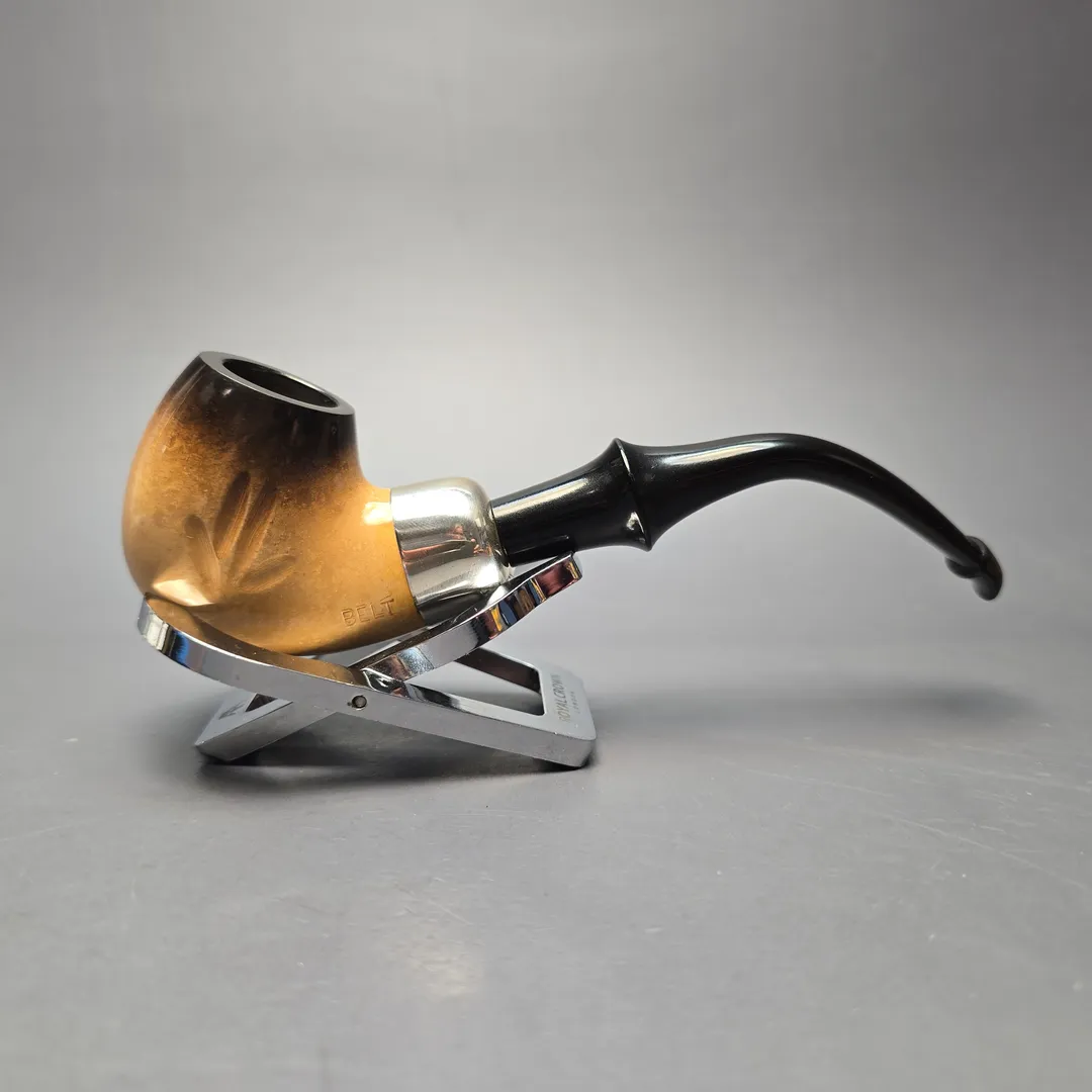 Belt Fumed & Floral Carved African Block Meerschaum Bent Billiard w/ Les Wood Silver Estate Pipe, Unsmoked - Image 2