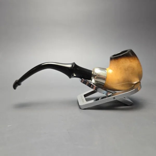 Belt Fumed & Floral Carved African Block Meerschaum Bent Billiard w/ Les Wood Silver Estate Pipe, Unsmoked - Image 4