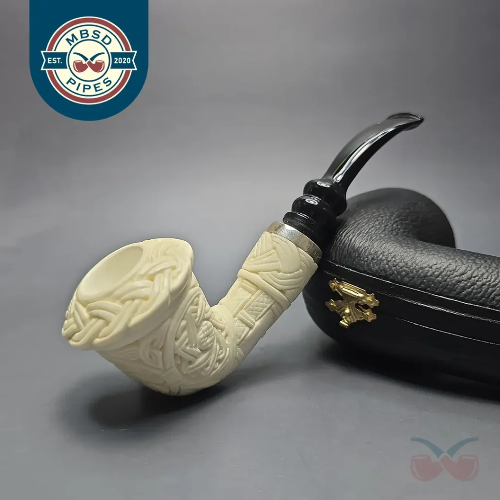 MBSD Meerschaum Silver Guilloche Calabash Reverse Calabash Block Meerschaum Pipe, New