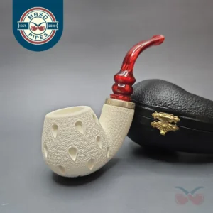 MBSD Meerschaum Silver Lattice Carved Bent Billiard Reverse Calabash Block Meerschaum Pipe, New
