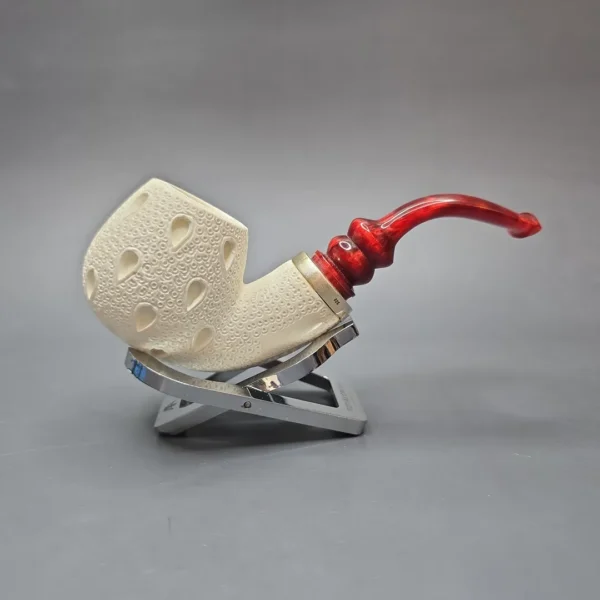 MBSD Meerschaum Silver Lattice Carved Bent Billiard Reverse Calabash Block Meerschaum Pipe, New - Image 3