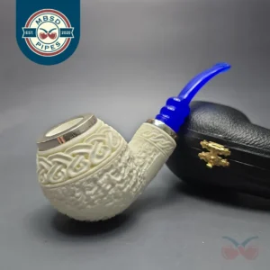 MBSD Meerschaum Double Silver Guilloche Brandy Reverse Calabash Block Meerschaum Pipe, New