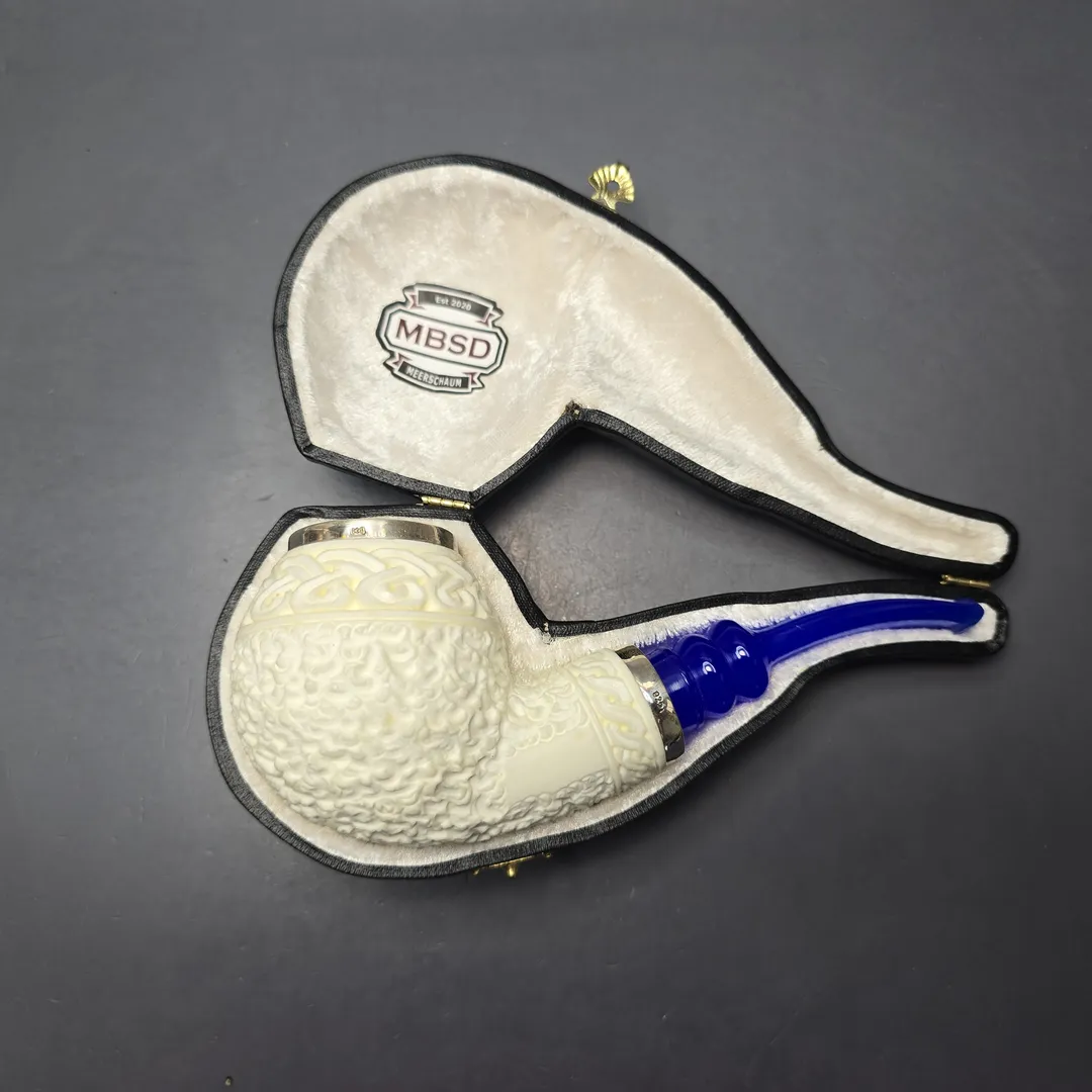 MBSD Meerschaum Double Silver Guilloche Brandy Reverse Calabash Block Meerschaum Pipe, New - Image 2