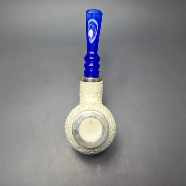 MBSD Meerschaum Double Silver Guilloche Brandy Reverse Calabash Block Meerschaum Pipe, New - Image 9