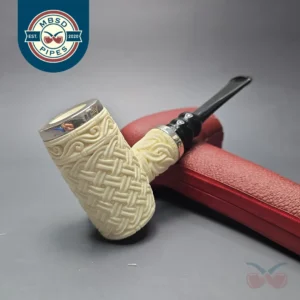 MBSD Meerschaum Double Silver Guilloche Poker Reverse Calabash Block Meerschaum Pipe, New