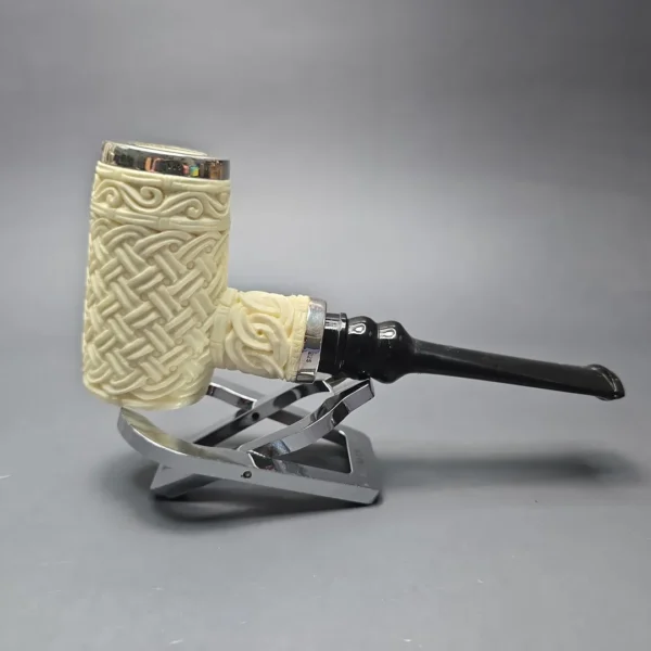 MBSD Meerschaum Double Silver Guilloche Poker Reverse Calabash Block Meerschaum Pipe, New - Image 3