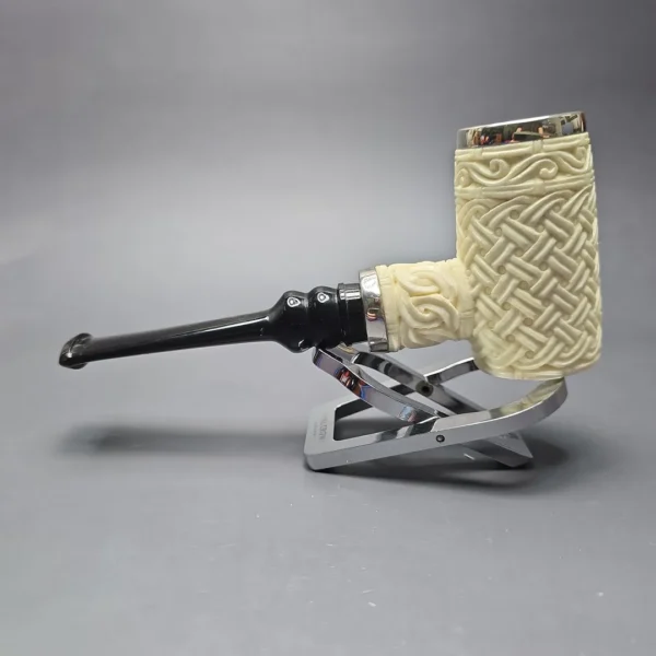 MBSD Meerschaum Double Silver Guilloche Poker Reverse Calabash Block Meerschaum Pipe, New - Image 5