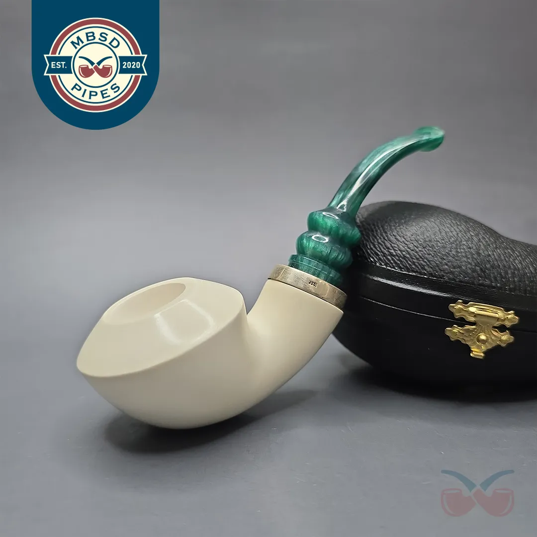 MBSD Meerschaum Silver Smooth Danish Dublin Reverse Calabash Block Meerschaum Pipe, New