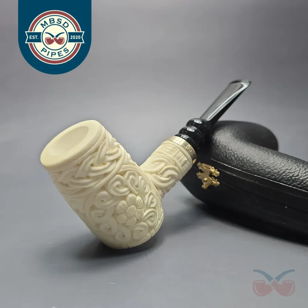 MBSD Meerschaum Silver Floral Poker Reverse Calabash Block Meerschaum Pipe, New