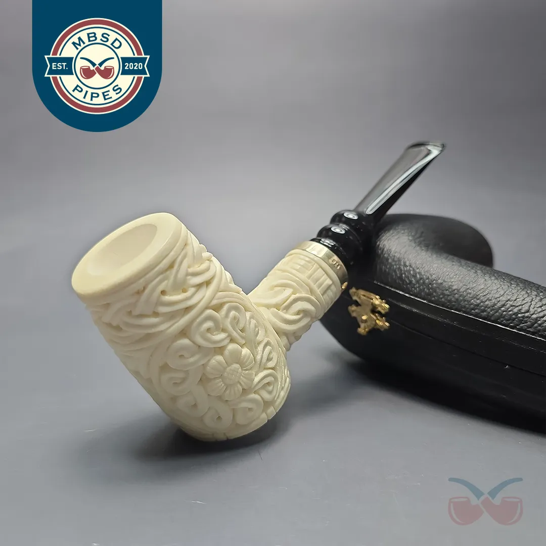 MBSD Meerschaum Silver Floral Poker Reverse Calabash Block Meerschaum Pipe, New