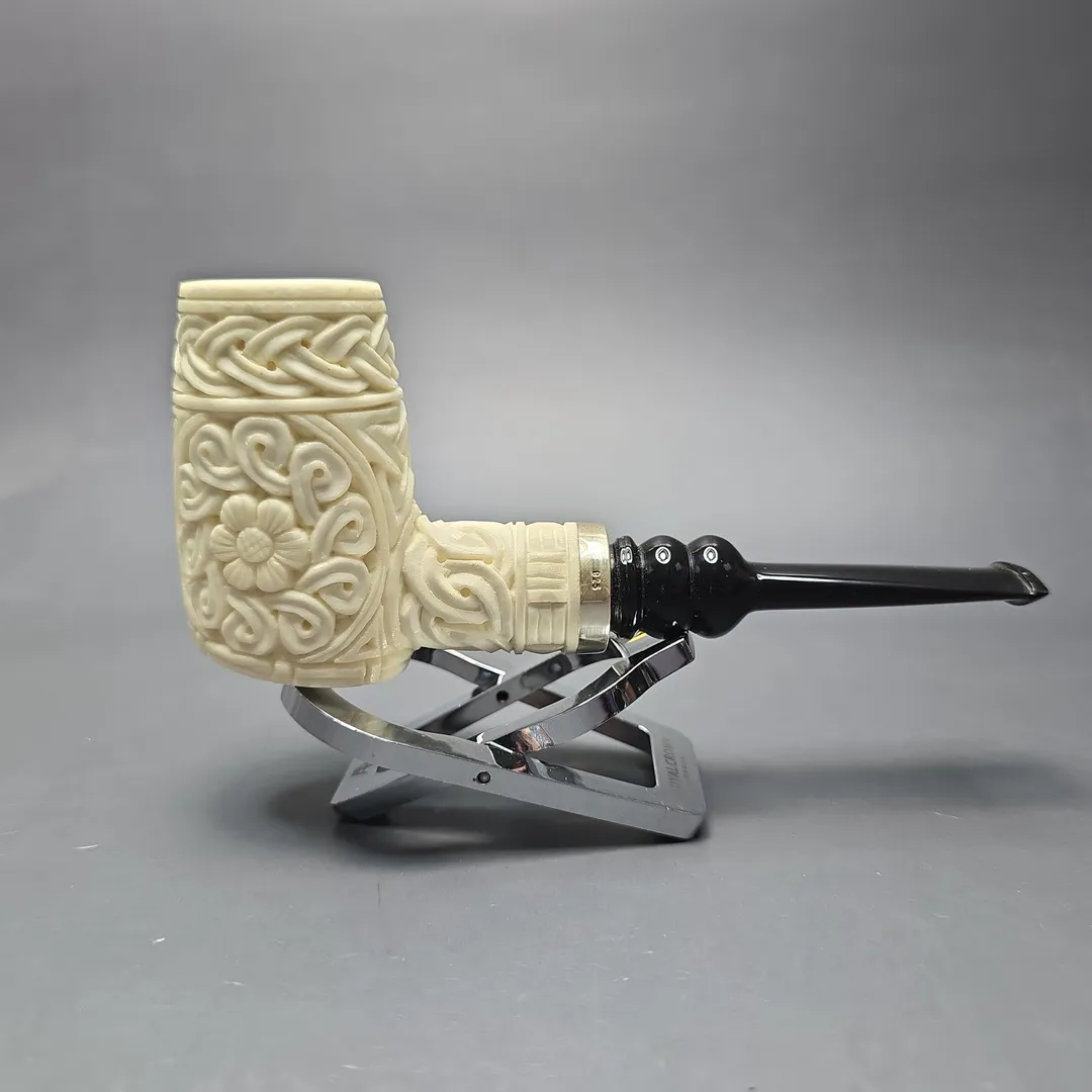 MBSD Meerschaum Silver Floral Poker Reverse Calabash Block Meerschaum Pipe, New - Image 2