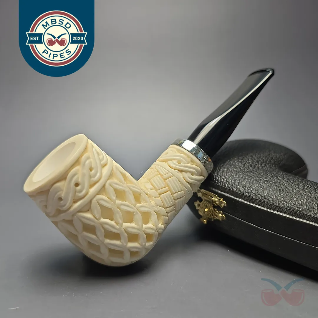 MBSD Meerschaum Silver Lattice Carved Reverse Calabash Billiard with Silver (New)