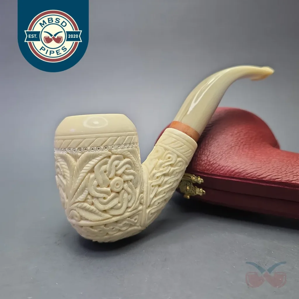 MBSD Meerschaum Deluxe Lare Floral Carved Bent Billiard with Briar-Mortise (New)
