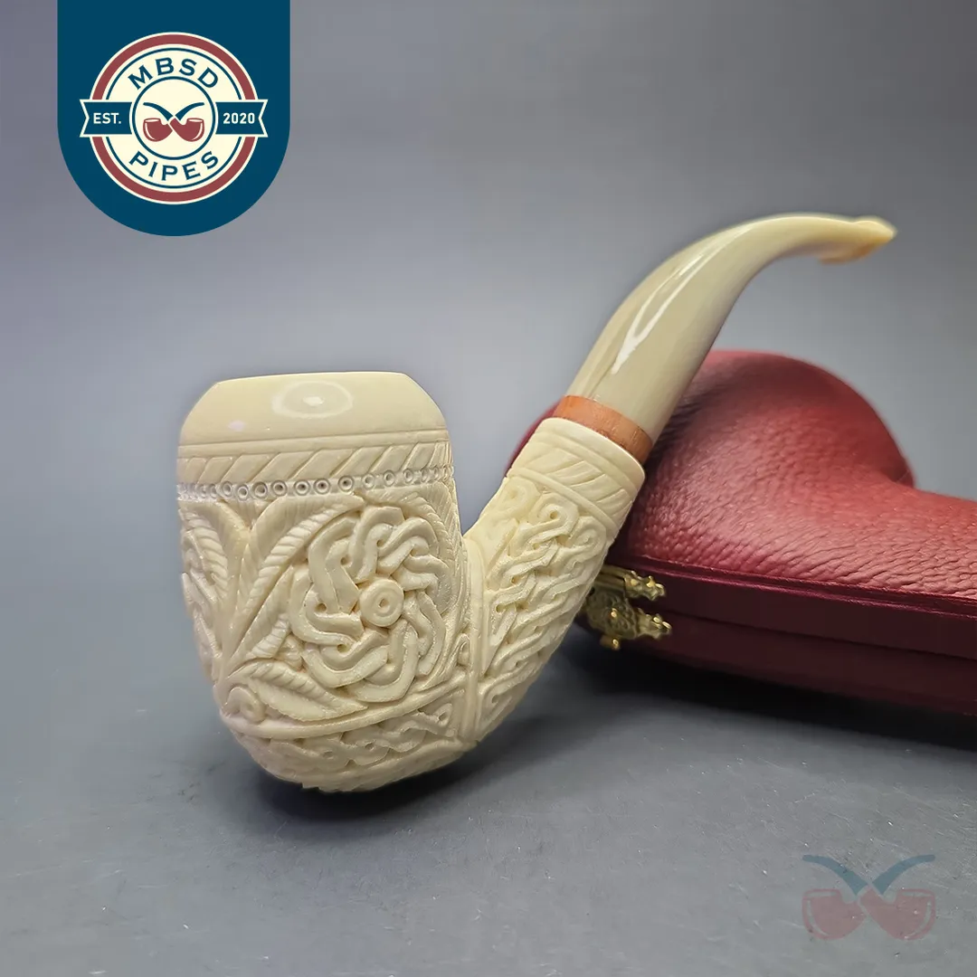 MBSD Meerschaum Deluxe Lare Floral Carved Bent Billiard with Briar-Mortise (New)