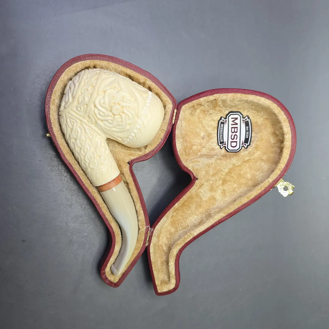 MBSD Meerschaum Deluxe Lare Floral Carved Bent Billiard with Briar-Mortise (New) - Image 2