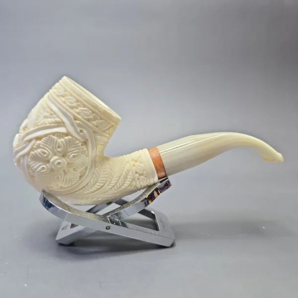 MBSD Meerschaum Deluxe Floral Carved Bent Billiard with Briar-Mortise (New) - Image 3