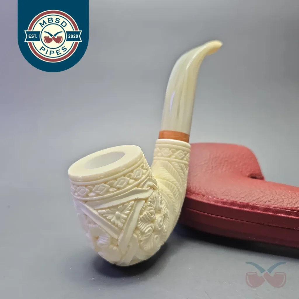 MBSD Meerschaum Deluxe Floral Carved Bent Billiard with Briar-Mortise (New)