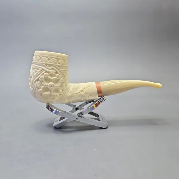 MBSD Meerschaum Deluxe Floral Carved Bent Billiard with Briar-Mortise (New) - Image 3