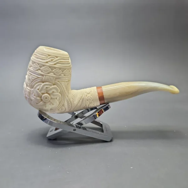 MBSD Meerschaum Deluxe Floral Carved Stacked Bent Billiard with Briar-Mortise (New) - Image 3