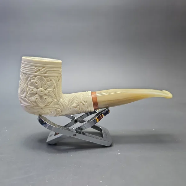MBSD Meerschaum Deluxe Floral Carved Bent Billiard with Briar-Mortise (New) - Image 3