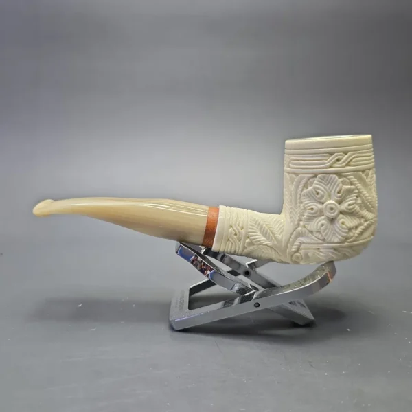 MBSD Meerschaum Deluxe Floral Carved Bent Billiard with Briar-Mortise (New) - Image 5