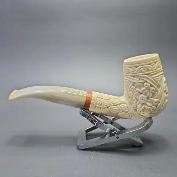 MBSD Meerschaum Deluxe Floral Carved Bent Billiard with Briar-Mortise (New) - Image 5
