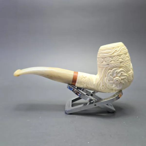 MBSD Meerschaum Deluxe Floral Carved Stacked Bent Billiard with Briar-Mortise (New) - Image 5