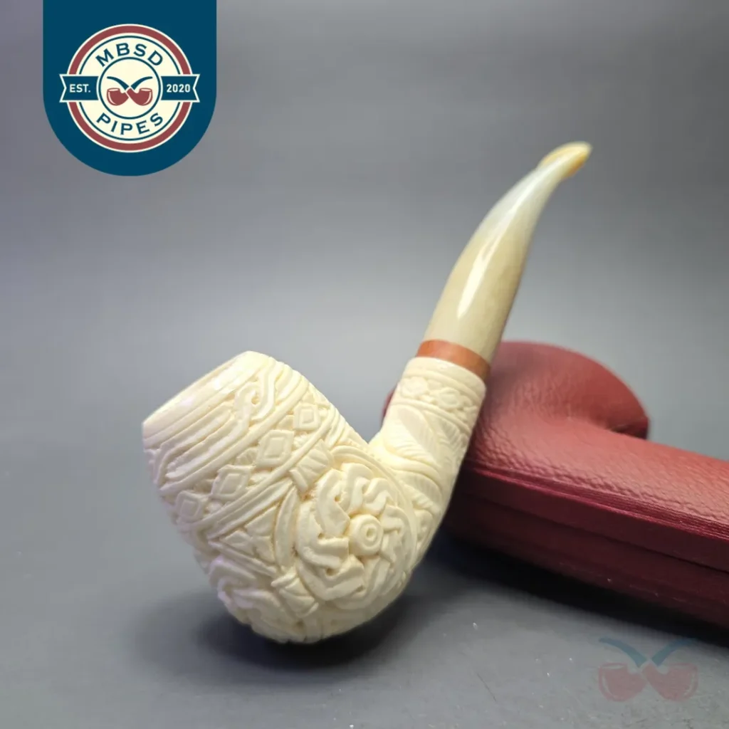 MBSD Meerschaum Deluxe Floral Carved Stacked Bent Billiard with Briar-Mortise (New)