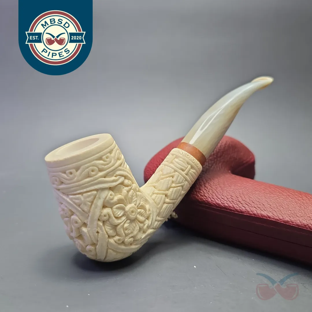 MBSD Meerschaum Deluxe Floral Carved Bent Billiard with Briar-Mortise (New)