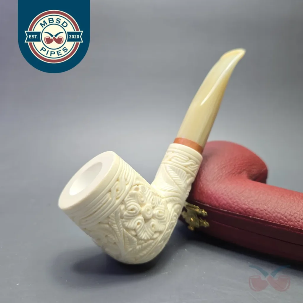 MBSD Meerschaum Deluxe Floral Carved Bent Billiard with Briar-Mortise (New)