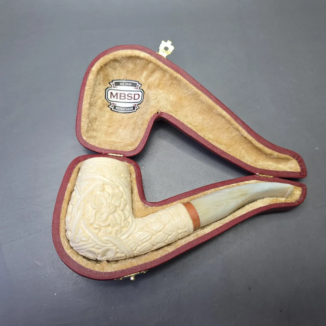 MBSD Meerschaum Deluxe Floral Carved Bent Billiard with Briar-Mortise (New) - Image 2