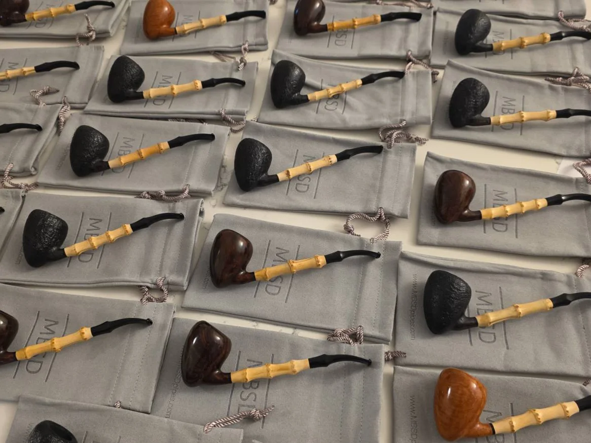 MBSD Briars pipes with bamboo shanks on grey MBSD pouches