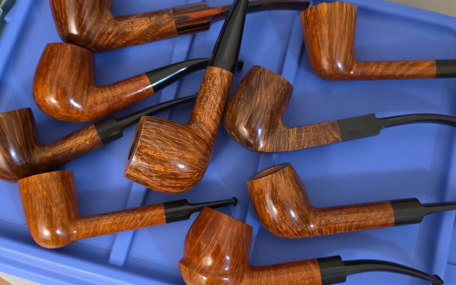 Smooth straight-grain briar pipes laid out on a blue tray