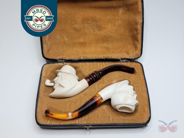 Watson & Sherlock Holmes Condo Block Meerschaum Tobacco Pipe Set With Case, NOS [SOLD OUT]