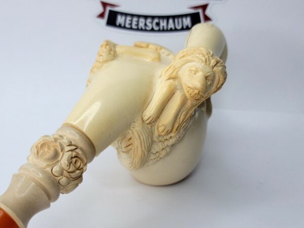 Vintage Hand Carved Meerschaum Tobacco Pipe Figural Of Cherub & Lion Scene [SOLD OUT] - Image 6