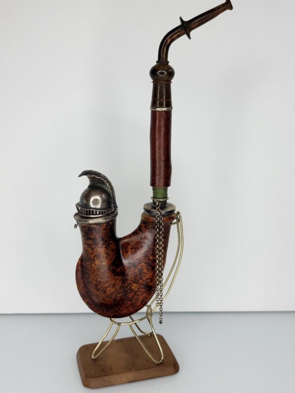 Antique Wooden German Ulmer Tobacco Pipe, Silver Spartan Helmet Windcap, Rare [SOLD OUT] - Image 3