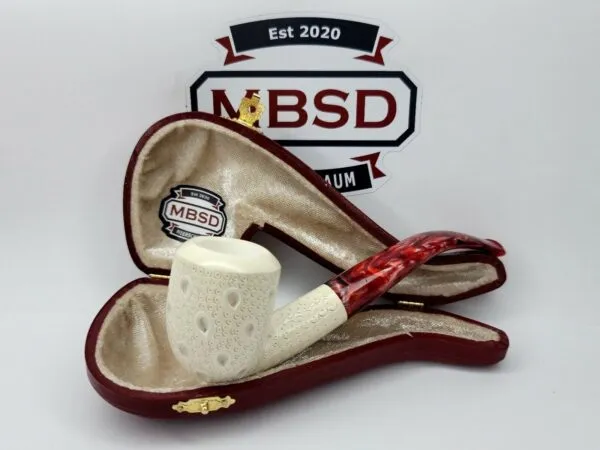 Medium Sized Hand Carved Block Meerschaum Pipe With Lattice Design w Fitted Case [SOLD OUT]